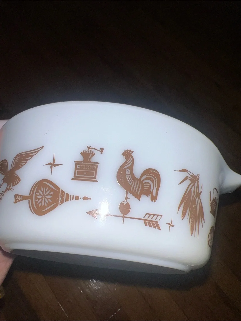 Pyrex Vintage New White Glass Mixing Bowl with Brown Farmhouse Motif